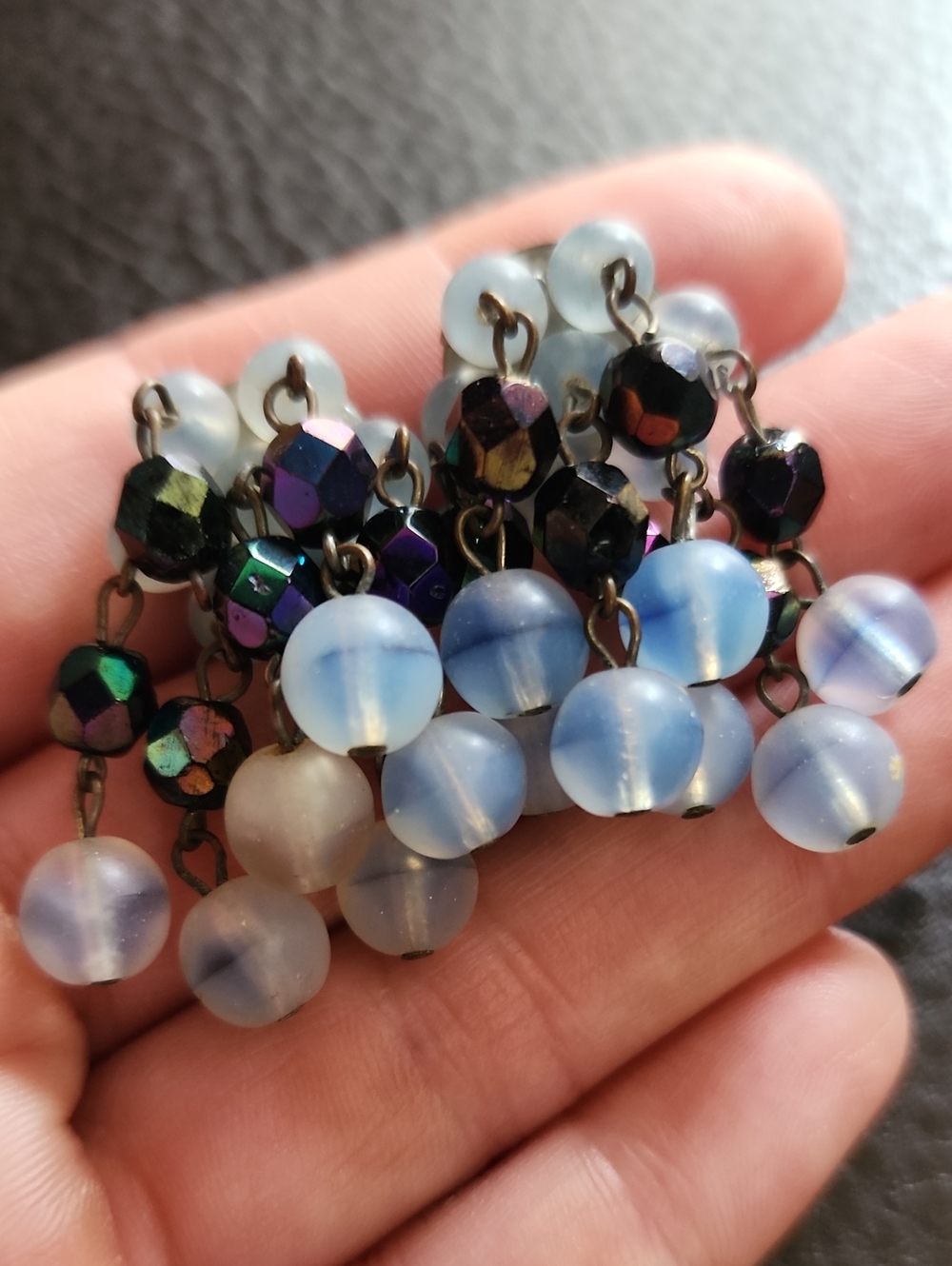 Vintage Blue and Iridescent Beaded Cluster Clip Earrings